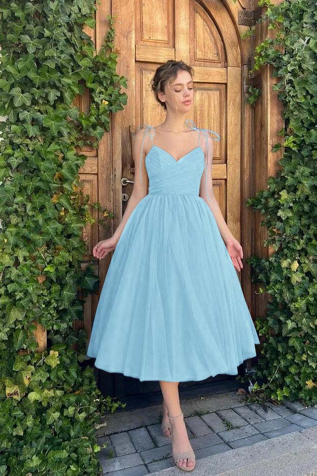 Hellodresses Chic Blue Tulle Spaghetti Strap Sleeveless V Neck A Line Homecoming Dress