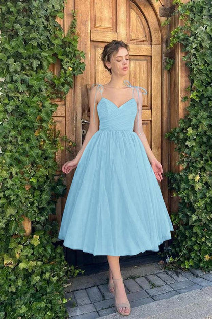 Hellodresses Chic Blue Tulle Spaghetti Strap Sleeveless V Neck A Line Homecoming Dress