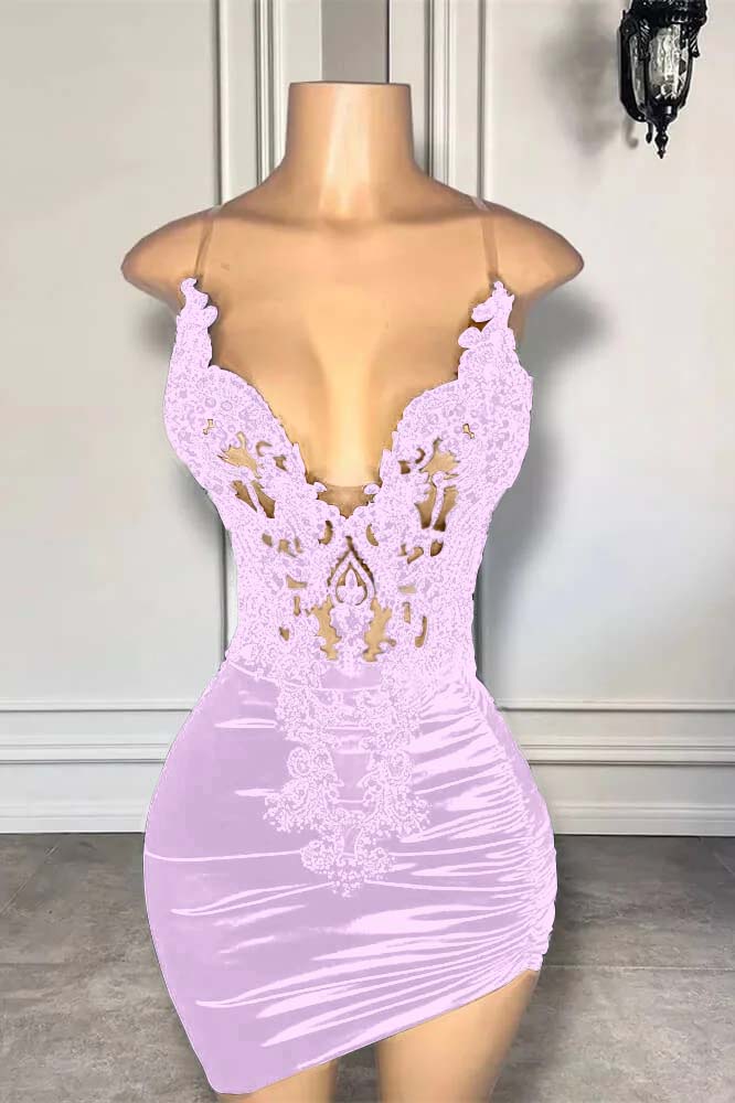 Hellodresses Black Spaghetti Strap Sleeveless Pleated Short Homecoming Dress With Appliques