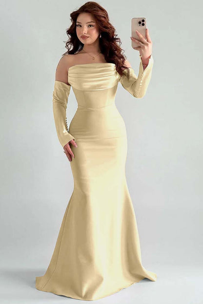Strapless Long Sleeves Long Mermaid Prom Dress With Pleated XJ0765
