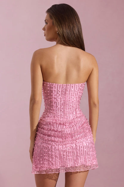 Fancy Pink Strapless Homecoming Dress Mini Sleeveless Pleated with Beaded CY0209
