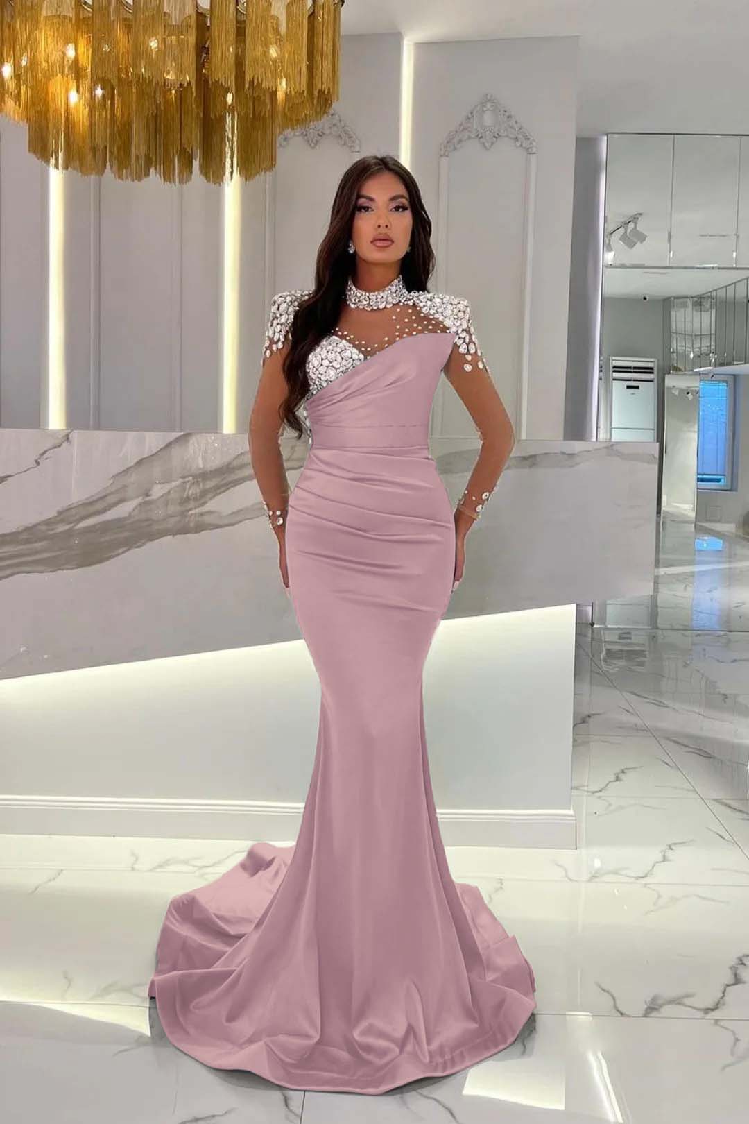 Charmeuse Dusty Blue Prom Dress Long Mermaid Tulle With Beadings YL0259