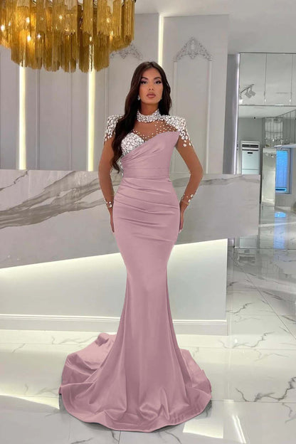 Charmeuse Dusty Blue Prom Dress Long Mermaid Tulle With Beadings YL0259