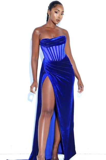 Amazing Gold Velvet Strapless Sleeveless Long Split Prom Dress with Pleated | Zelldresses