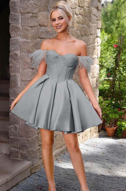 Off the Shoulder Sweetheart Sleeveless Short A Line Homecoming Dress With Feather HC0176