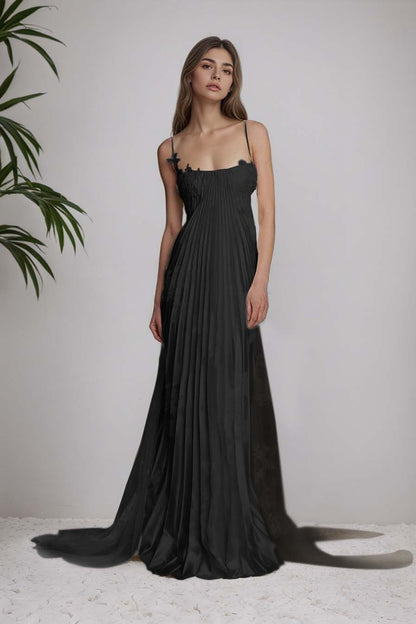 Stunning Spaghetti-Straps Pleated Sheath Appliques Prom Dress With Detachable Train XJ0176