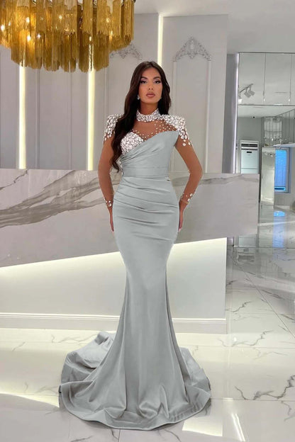 Charmeuse Dusty Blue Prom Dress Long Mermaid Tulle With Beadings YL0259