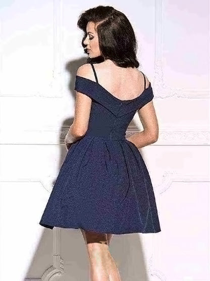 Simple Lilac Satin Spaghetti Strap Off the Shoulder Short Homecoming Dress YMS277