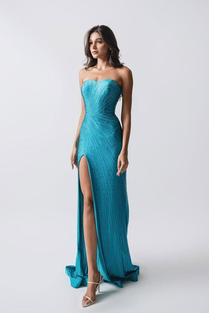 Strapless Sleeveless Sweetheart Long Split Prom Dress With Beading XJ0860