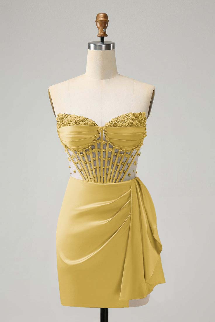 Strapless Sleeveless Pleated Short Homecoming Dress With Beading HC0131