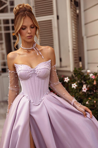 Beautiful Lilac Satin Sleeveless Strapless Beadings Long Split Prom Dress with Gloves | Zelldresses