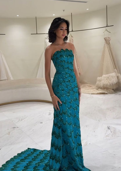 Gorgeous Sheath Strapless Bead Sequin Green Satin Long Sweep Party Dress with Slit SH2713