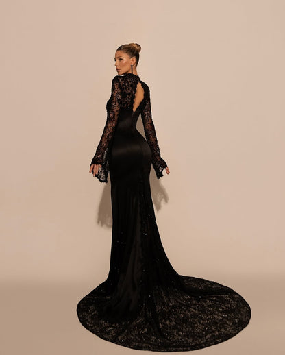 Luxurious Black High Neck Lace Long Sleeves Mermaid Prom Dress YK0572