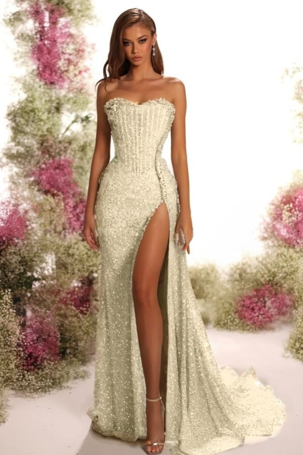 Strapless Sleeveless Long Split Prom Dress With Pleated Sequins ZT0541