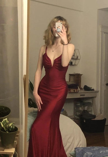 Burgundy Mermaid Spaghetti Strap Satin Open Back Party Dress Evening Dress SH2853