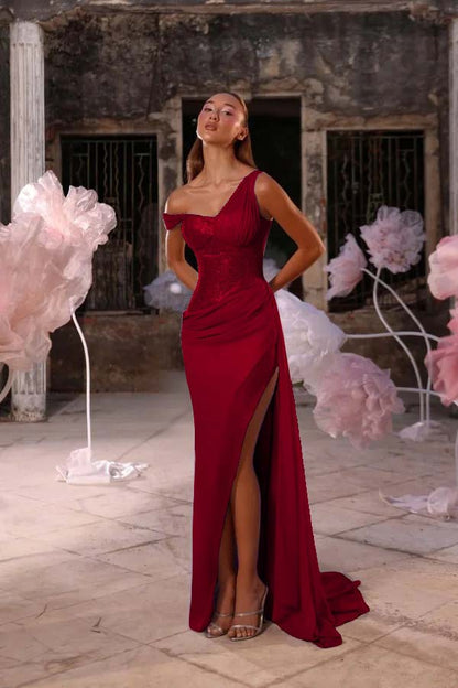 Sleeveless One Shoulder Long Split Prom Dress With Pleated Sequin JQ0247