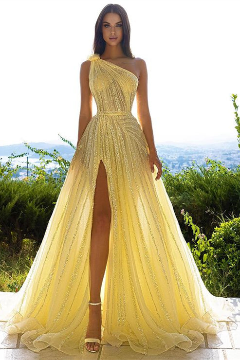 Hellodresses Tulle Sequins One Shoulder A Line Long Prom Dress Daffodil With Front Split