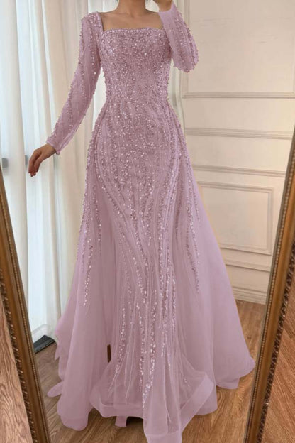 Square Neck Long Sleeves Long Mermaid Prom Dress With Beading Tulle WQ0442