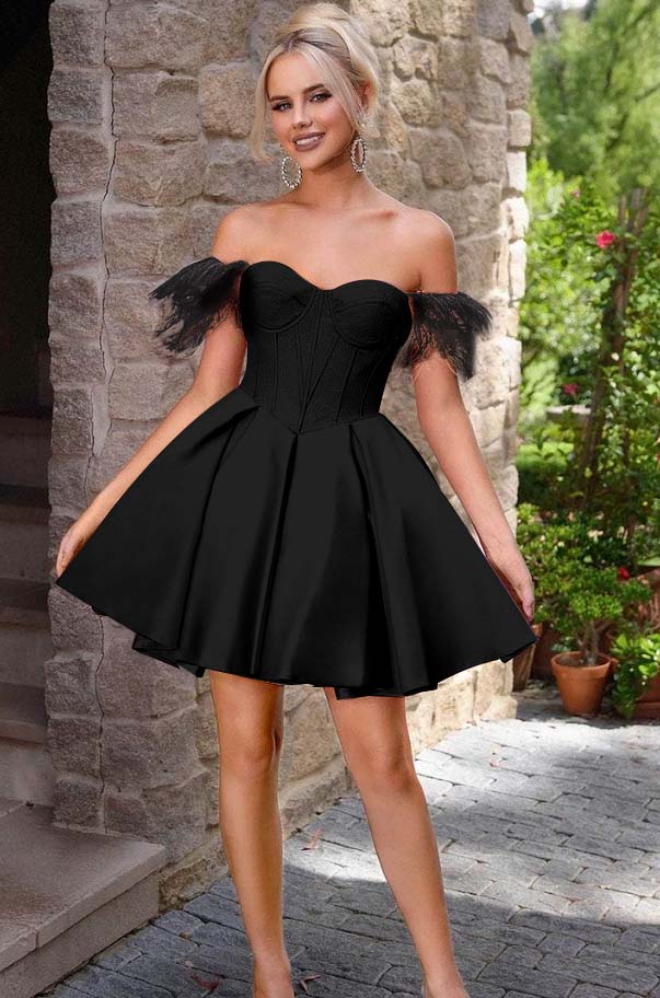 Off the Shoulder Sweetheart Sleeveless Short A Line Homecoming Dress With Feather HC0176