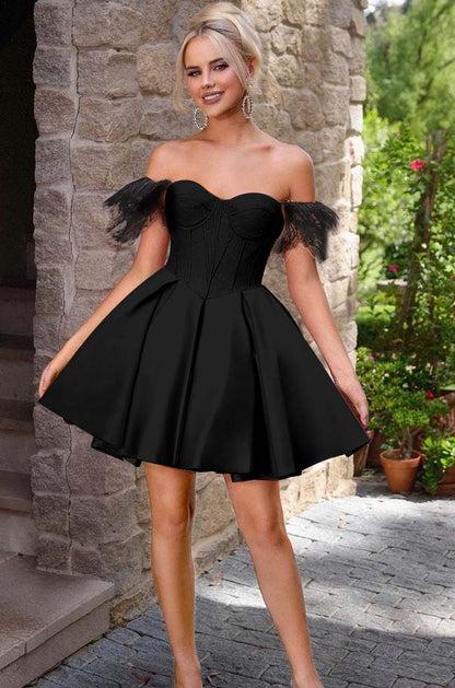 Off the Shoulder Sweetheart Sleeveless Short A Line Homecoming Dress With Feather HC0176