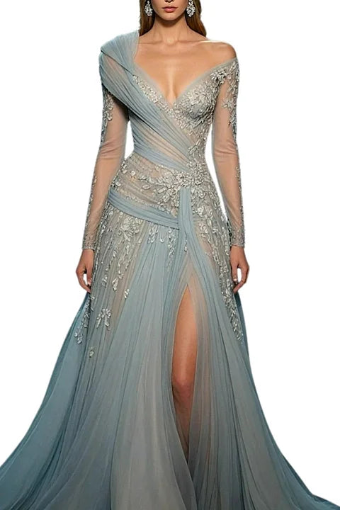 Long Sleeves Deep V Neck Long Split Prom Dress With Appliques ZA0060
