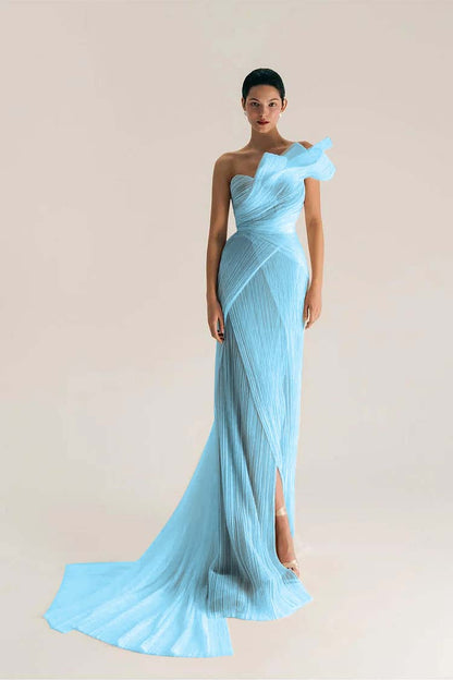 Chic One Shoulder Sleeveless Long Split Prom Dress With Pleated XJ0906