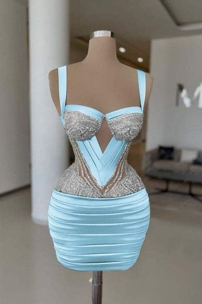 Straps Sleeveless Short Homecoming Dress With Pleated Beading HC0159