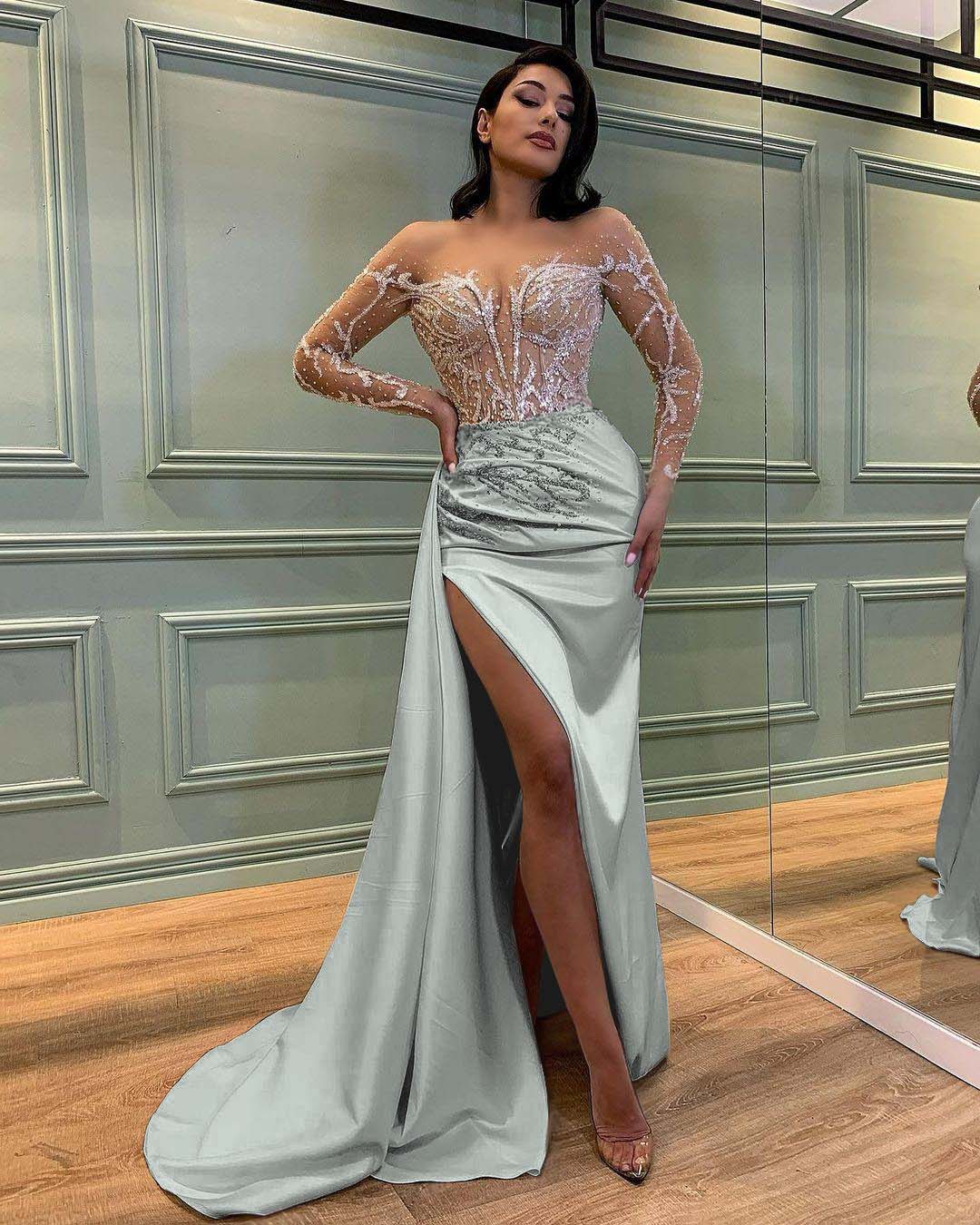 Hellodresses Chic Stain Lace Long Sleeves High Split Prom Dress With Beaded