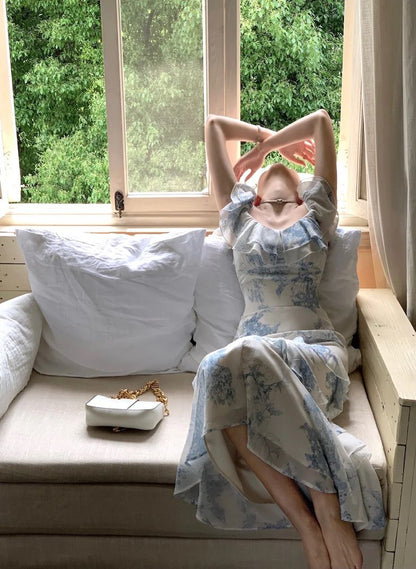 Gentle Mermaid Strap Print Flower Blue Chiffon Party Dress Evening Dress SH2869