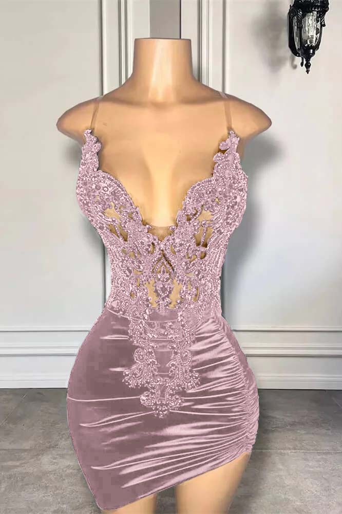 Hellodresses Black Spaghetti Strap Sleeveless Pleated Short Homecoming Dress With Appliques