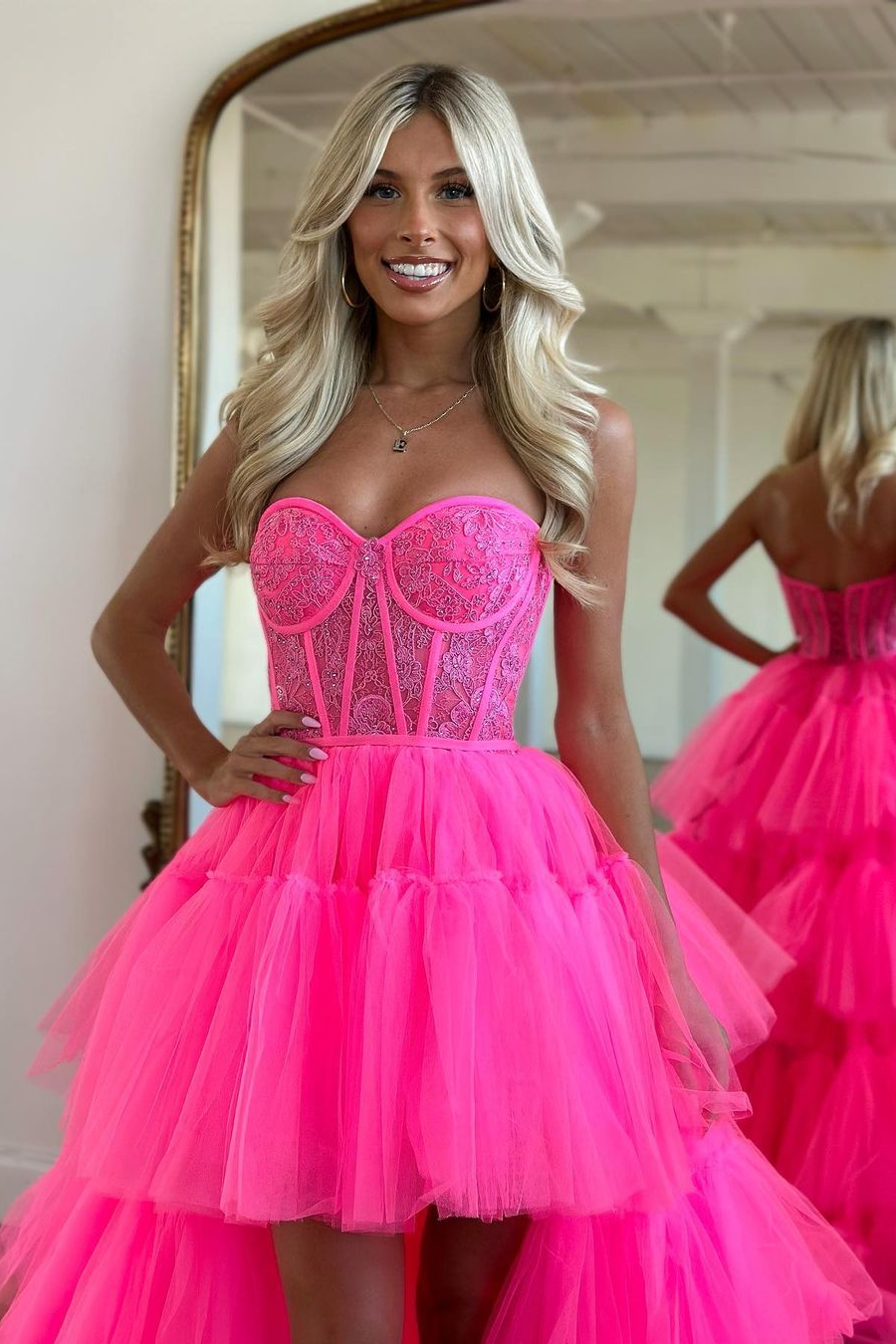 Beautiful Pink Prom Dress Sleeveless Tulle Gown With Train YL0113