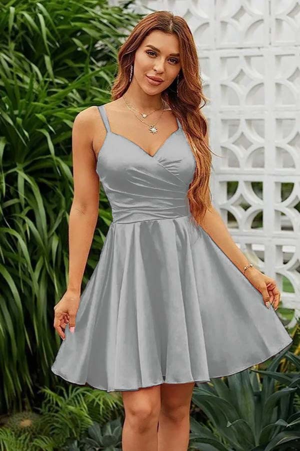 Pink Satin V Neck Spaghetti Strap Sleeveless Pleated Short Homecoming Dress YZTS072