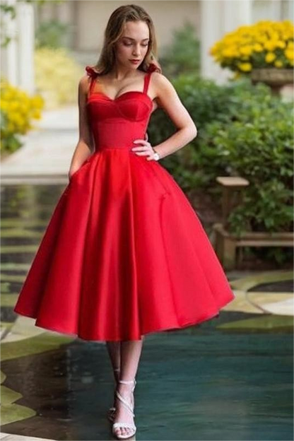 Red Satin Sweetheart Spaghetti Strap A Line Mid Homecoming Dress with Ruffles HC0037