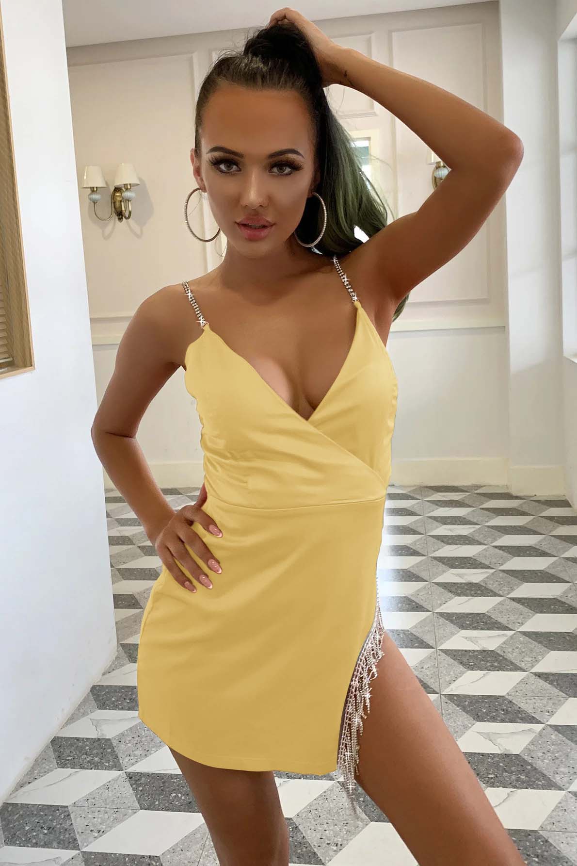 Hellodresses Orange Spaghetti Strap Sleeveless V Neck Short Homecoming Dress With Split