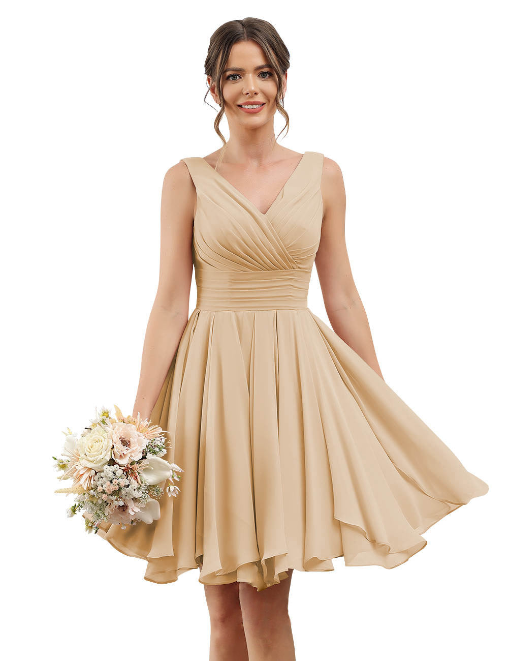 Dusty Pink Chiffon V Neck Sleeveless Pleated Short Bridesmaid Dress with Pockets YJ114