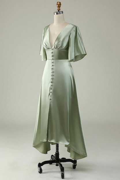 A Line Deep V Neck Light Green Bridesmaid Dress with Half Sleeves YU0057