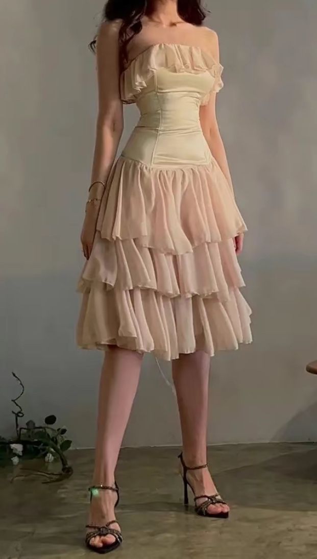 Cute A Line Strapless Tiered Beige Chiffon Satin Short Evening Dress Homecoming Dress SH2707