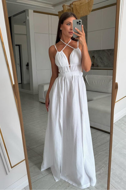 Spaghetti Strap Backless Sleeveless Long Split Prom Dress With Pleated XJ0843