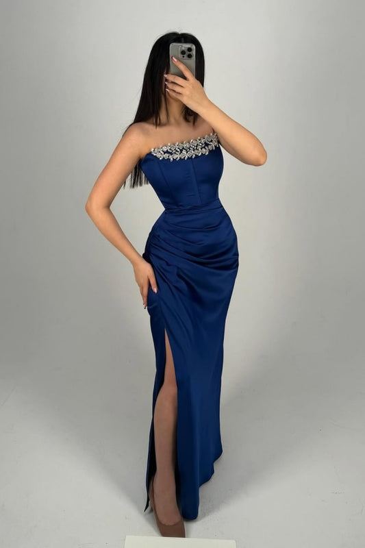 Blue Strapless Long Split Prom Dress Sleeveless with Sequins QL0066
