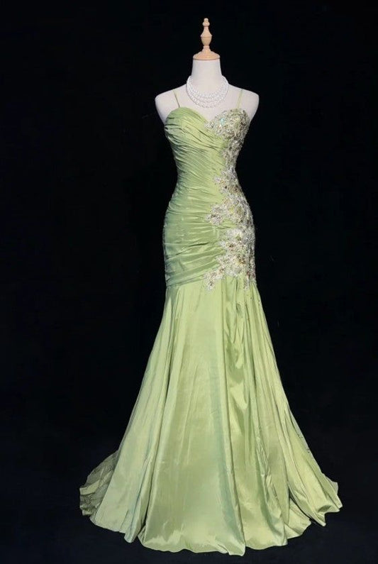 Vintage Mermaid Sweetheart Neck Appliques Green Satin Long Party Dress Evening Dress SH2845