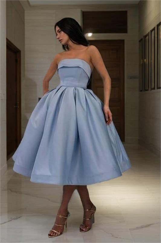 Charming Satin Strapless Sleeveless A Line Short Homecoming Dress with Pleated