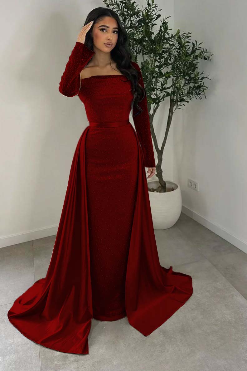 Long Sleeves Square Neck Long Mermaid Prom Dress With Beading HS0005