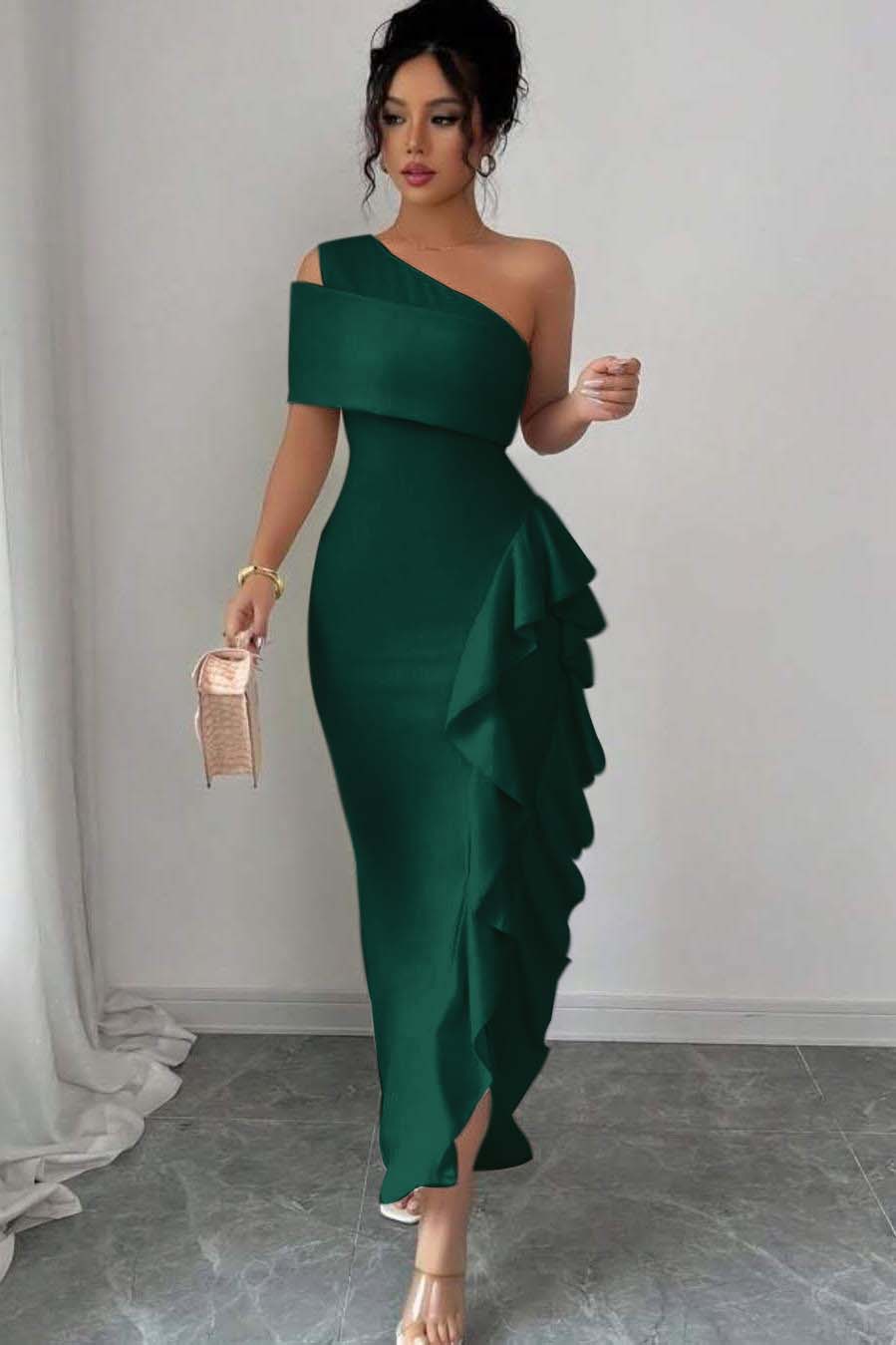 One Shoulder Sleeveless Long Split Prom Dress With Pleated Ruffles XJ0748