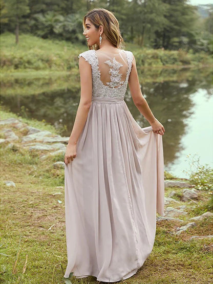A-Line Princess Chiffon Applique Scoop Short Sleeves Floor-Length Bridesmaid Dresses