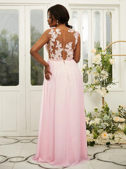 A-Line Princess Chiffon Applique Scoop Sleeveless Floor-Length Bridesmaid Dresses