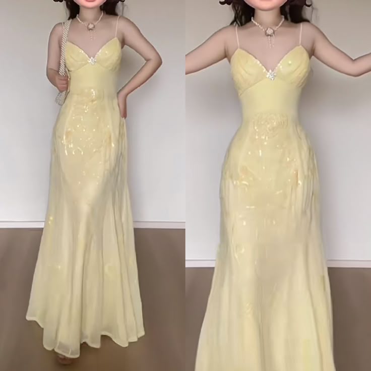 Elegant Mermaid Spaghetti Straps Yellow Chiffon Long Prom Dresses Evening Dress SH2838
