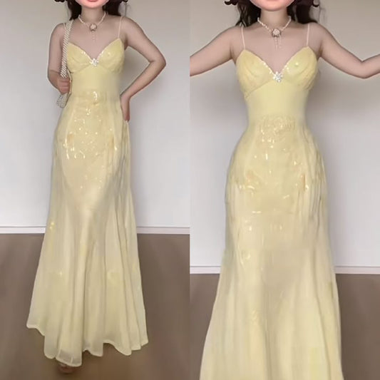 Elegant Mermaid Spaghetti Straps Yellow Chiffon Long Prom Dresses Evening Dress SH2838