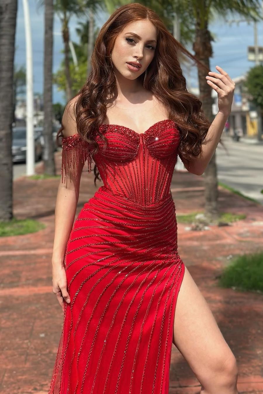 Beautiful Champange Sequins Off the Shoulder Strapless Sweetheart Long Split Prom Dress with Beadings | Zelldresses