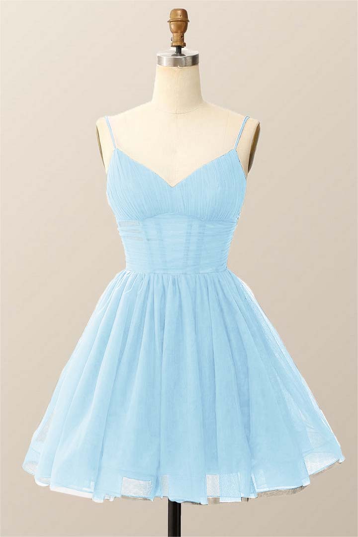 Dark Navy Tulle Spaghetti Strap Sleeveless Pleated A-Line Homecoming Dress HC0019