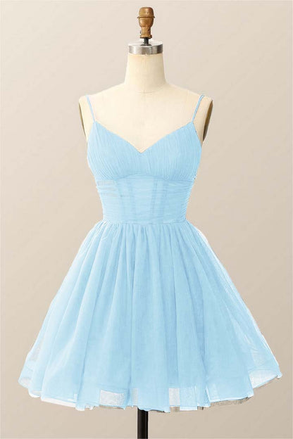 Dark Navy Tulle Spaghetti Strap Sleeveless Pleated A-Line Homecoming Dress HC0019